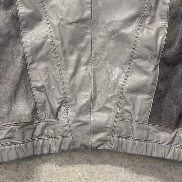 Gray Leather Jacket with Stand-Up Collar and Full-Length Zipper - Picture 5 of 11